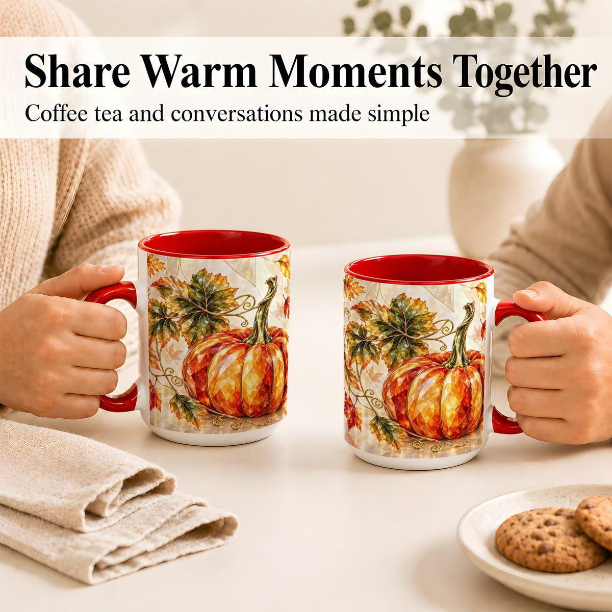 #pl[15oz|Red] Stained Glass Style Pumpkin Coffee Mug, Autumn Leaves Mug, Ceramic Cup