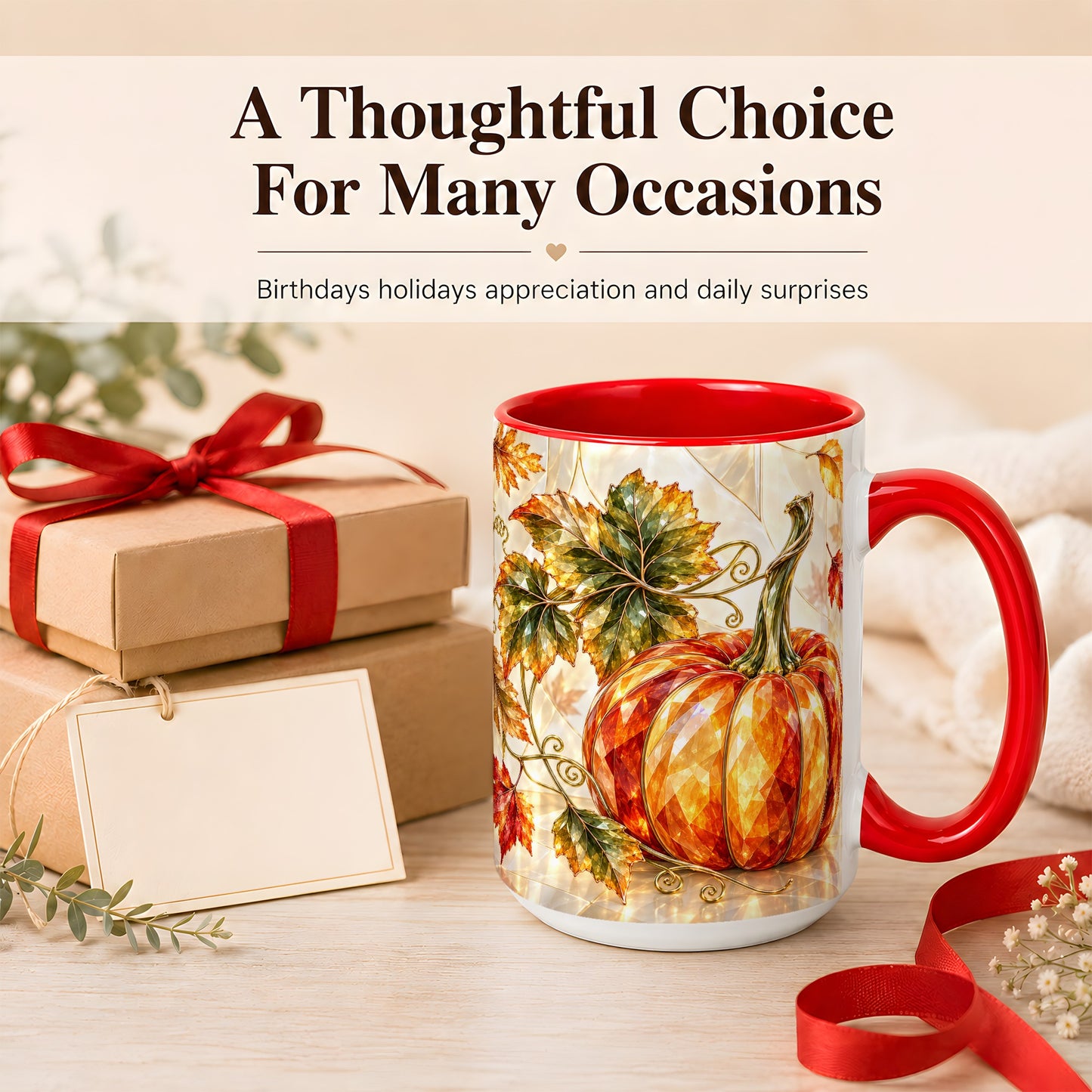 #pl[15oz|Red] Stained Glass Style Pumpkin Coffee Mug, Autumn Leaves Mug, Ceramic Cup