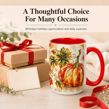 #pl[15oz|Red] Stained Glass Style Pumpkin Coffee Mug, Autumn Leaves Mug, Ceramic Cup