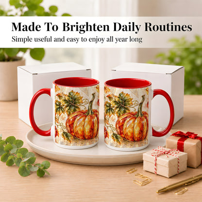 #pl[15oz|Red] Stained Glass Style Pumpkin Coffee Mug, Autumn Leaves Mug, Ceramic Cup