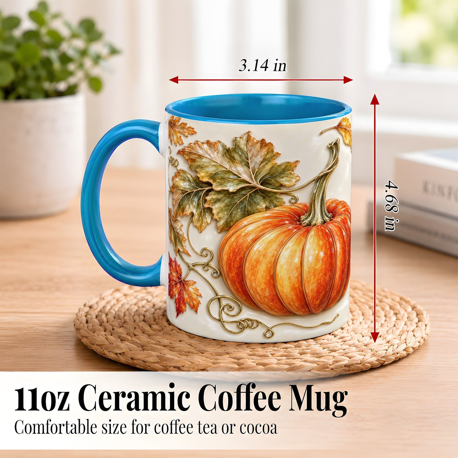 #pl[11oz|Blue] Glossy Autumn Pumpkin Coffee Mug, Fall Harvest Mug, Ceramic Cup