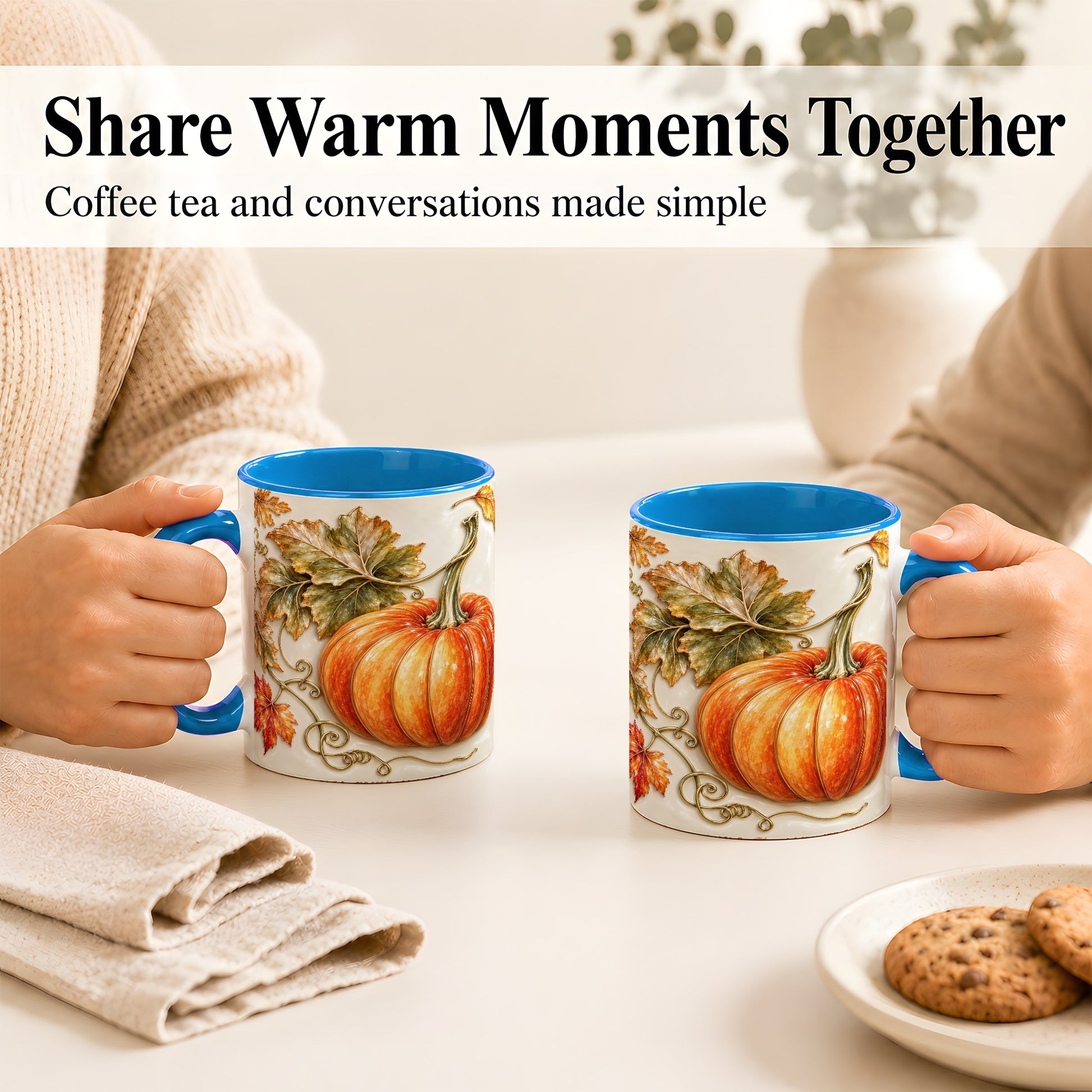 #pl[11oz|Blue] Glossy Autumn Pumpkin Coffee Mug, Fall Harvest Mug, Ceramic Cup