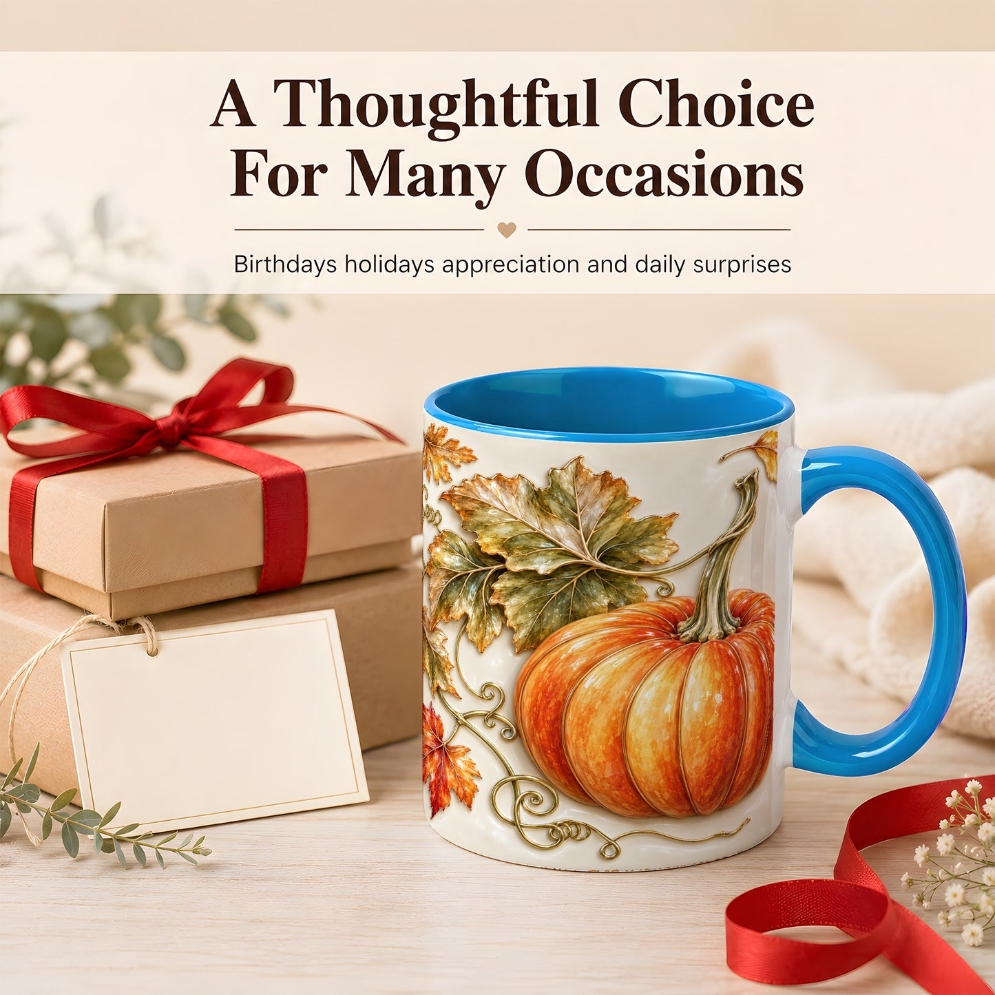 #pl[11oz|Blue] Glossy Autumn Pumpkin Coffee Mug, Fall Harvest Mug, Ceramic Cup