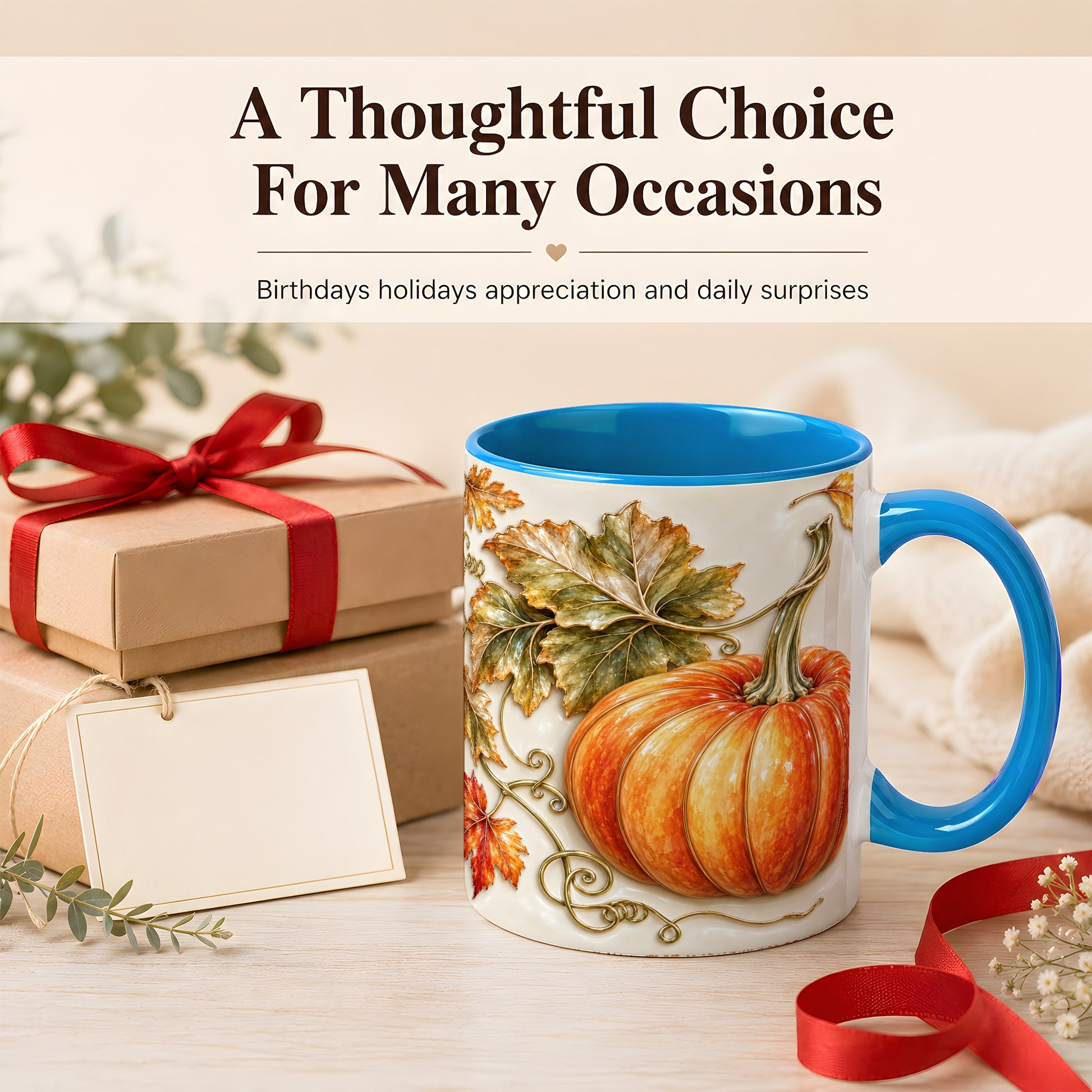 #pl[11oz|Blue] Glossy Autumn Pumpkin Coffee Mug, Fall Harvest Mug, Ceramic Cup