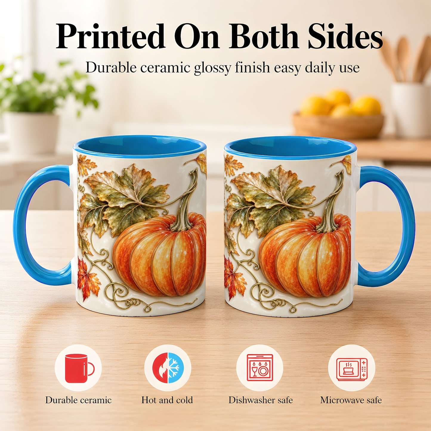 #pl[11oz|Blue] Glossy Autumn Pumpkin Coffee Mug, Fall Harvest Mug, Ceramic Cup