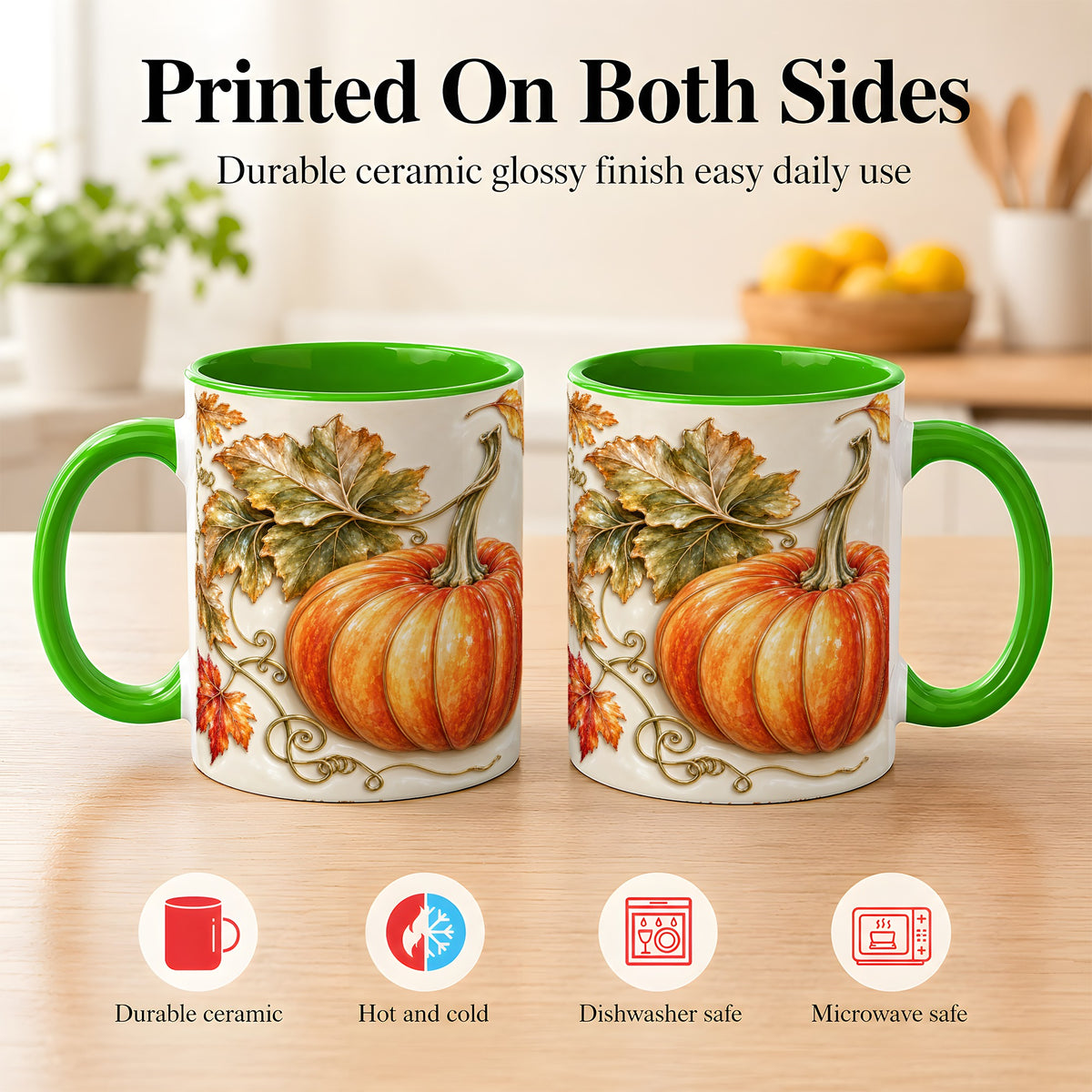 #pl[11oz|Green] Glossy Autumn Pumpkin Coffee Mug, Fall Harvest Mug, Ceramic Cup