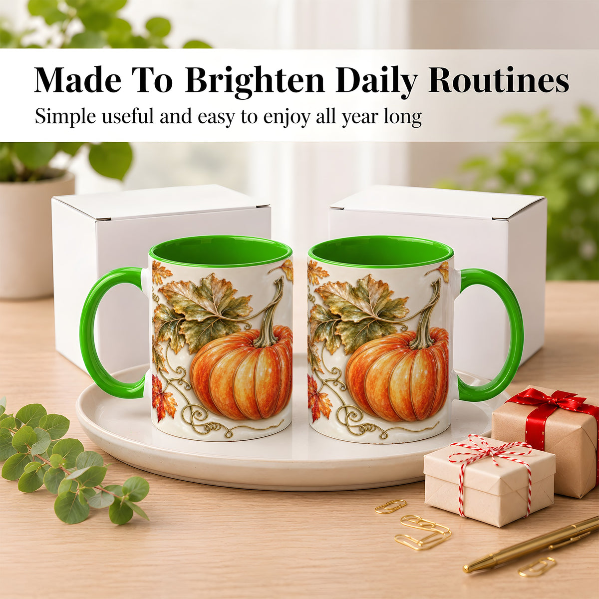 #pl[11oz|Green] Glossy Autumn Pumpkin Coffee Mug, Fall Harvest Mug, Ceramic Cup