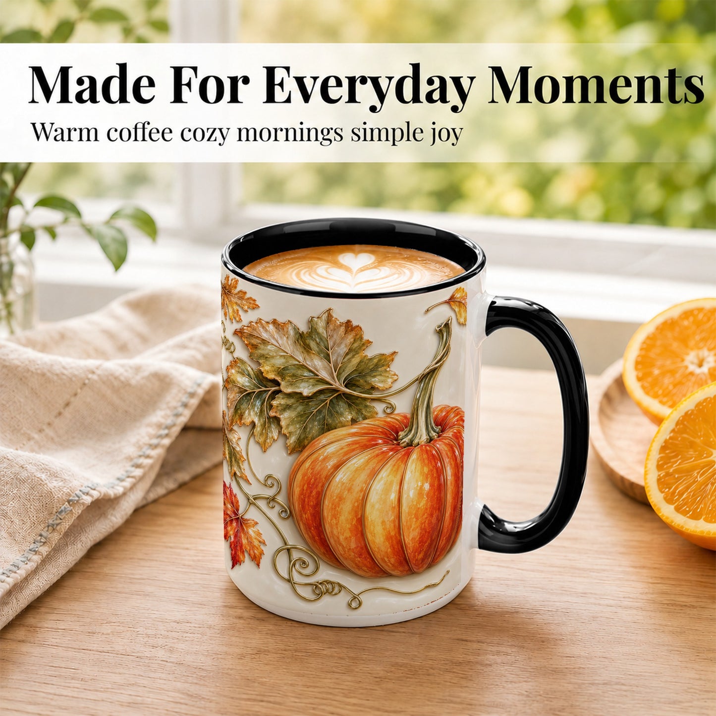 #pl[15oz|Black] Glossy Autumn Pumpkin Coffee Mug, Fall Harvest Mug, Ceramic Cup