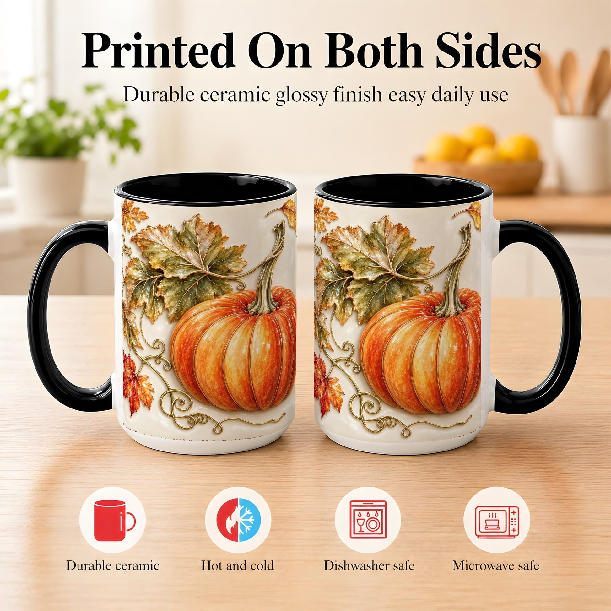 #pl[15oz|Black] Glossy Autumn Pumpkin Coffee Mug, Fall Harvest Mug, Ceramic Cup