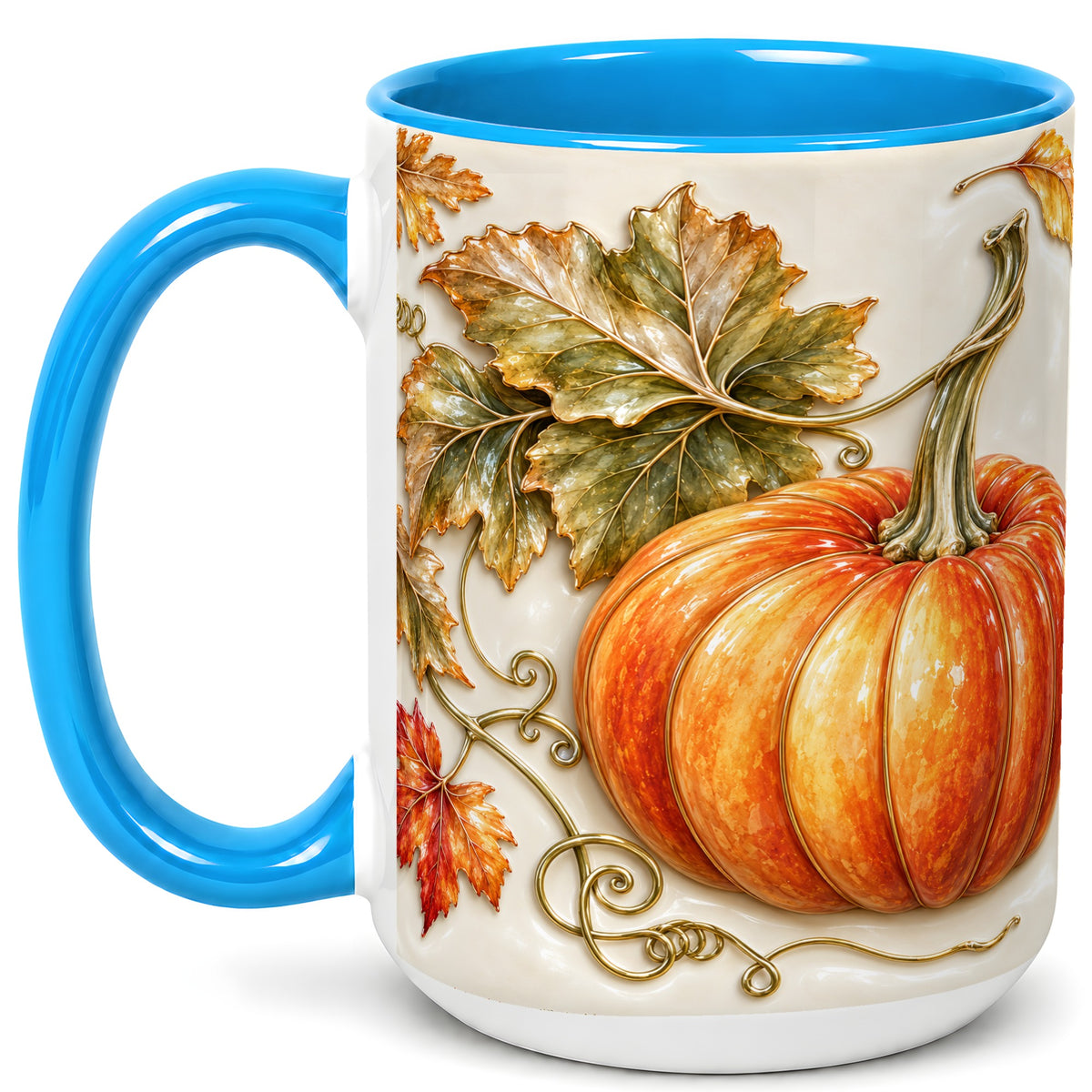 #pl[15oz|Blue] Glossy Autumn Pumpkin Coffee Mug, Fall Harvest Mug, Ceramic Cup
