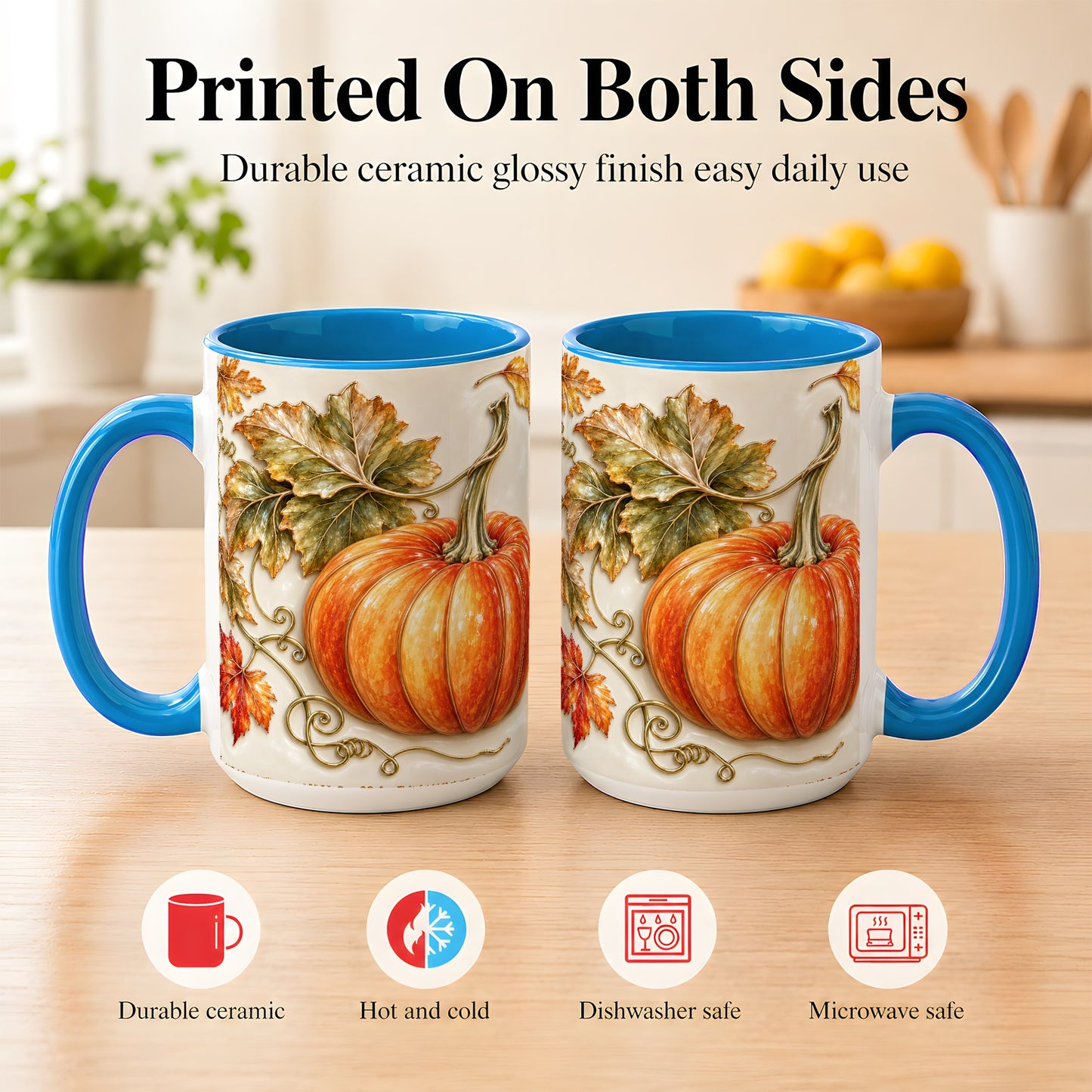 #pl[15oz|Blue] Glossy Autumn Pumpkin Coffee Mug, Fall Harvest Mug, Ceramic Cup