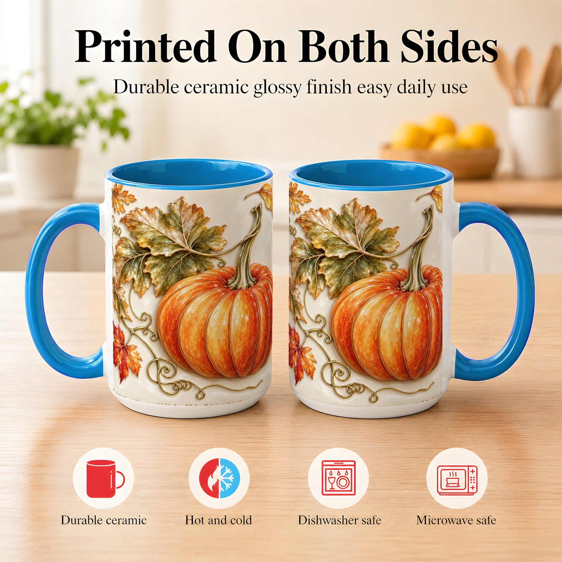 #pl[15oz|Blue] Glossy Autumn Pumpkin Coffee Mug, Fall Harvest Mug, Ceramic Cup