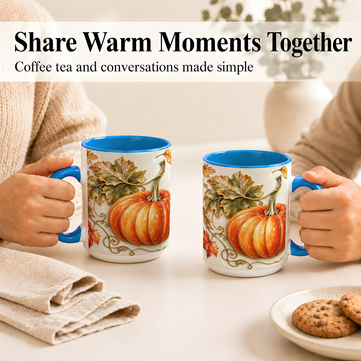 #pl[15oz|Blue] Glossy Autumn Pumpkin Coffee Mug, Fall Harvest Mug, Ceramic Cup
