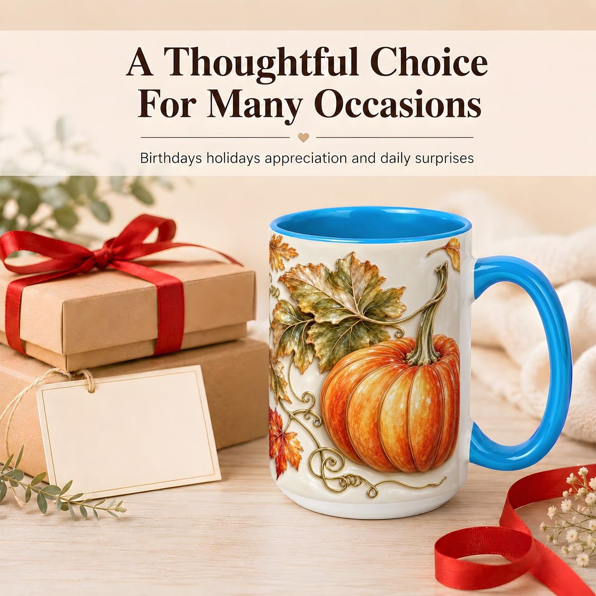 #pl[15oz|Blue] Glossy Autumn Pumpkin Coffee Mug, Fall Harvest Mug, Ceramic Cup