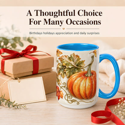 #pl[15oz|Blue] Glossy Autumn Pumpkin Coffee Mug, Fall Harvest Mug, Ceramic Cup