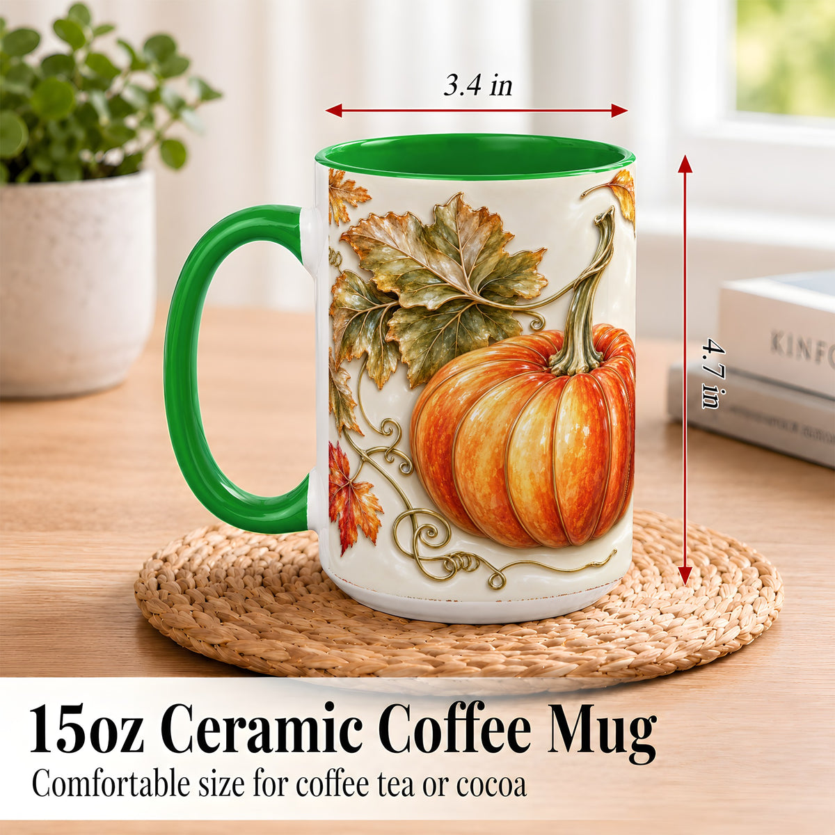 #pl[15oz|Green] Glossy Autumn Pumpkin Coffee Mug, Fall Harvest Mug, Ceramic Cup