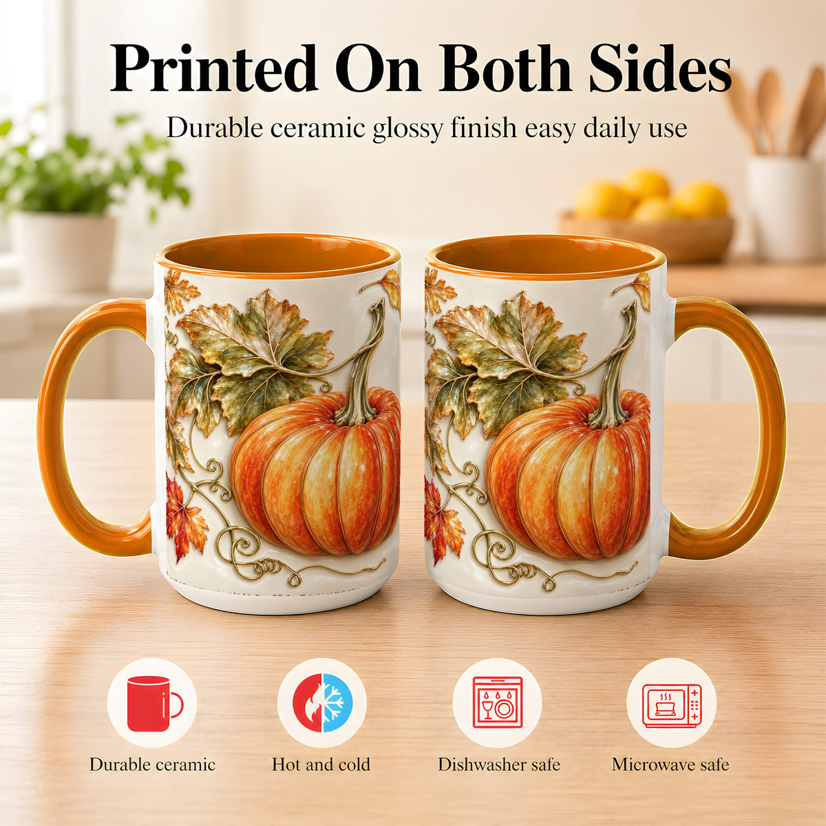 #pl[15oz|Orange] Glossy Autumn Pumpkin Coffee Mug, Fall Harvest Mug, Ceramic Cup