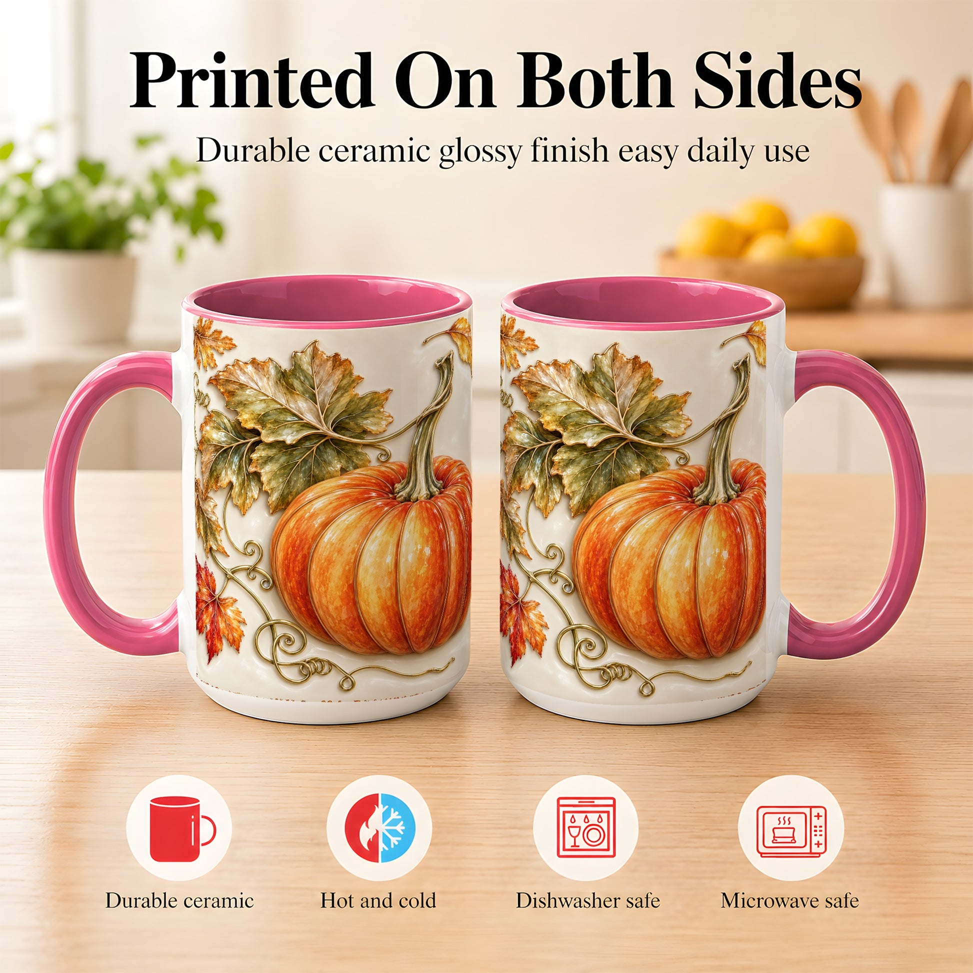 #pl[15oz|Pink] Glossy Autumn Pumpkin Coffee Mug, Fall Harvest Mug, Ceramic Cup