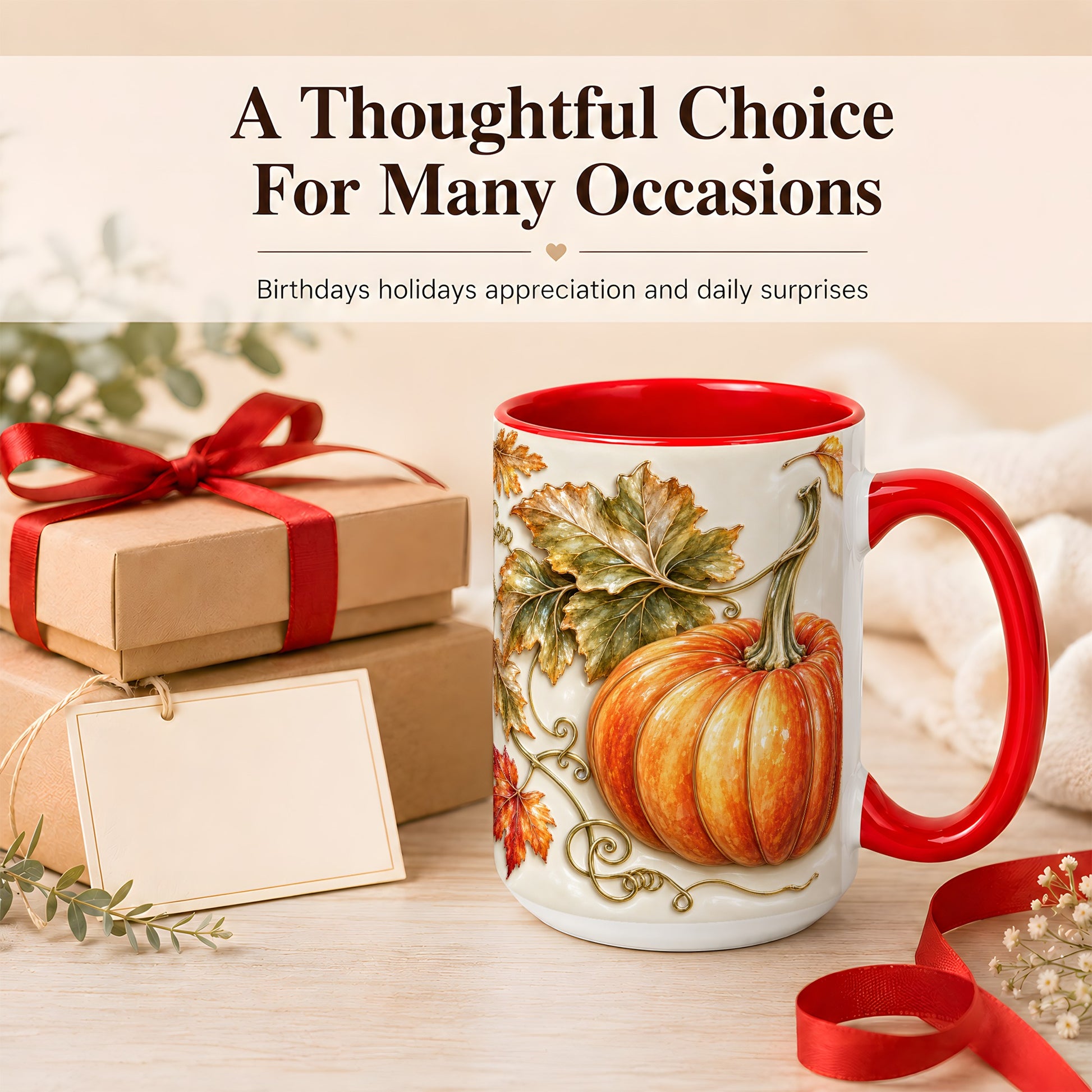 #pl[15oz|Red] Glossy Autumn Pumpkin Coffee Mug, Fall Harvest Mug, Ceramic Cup