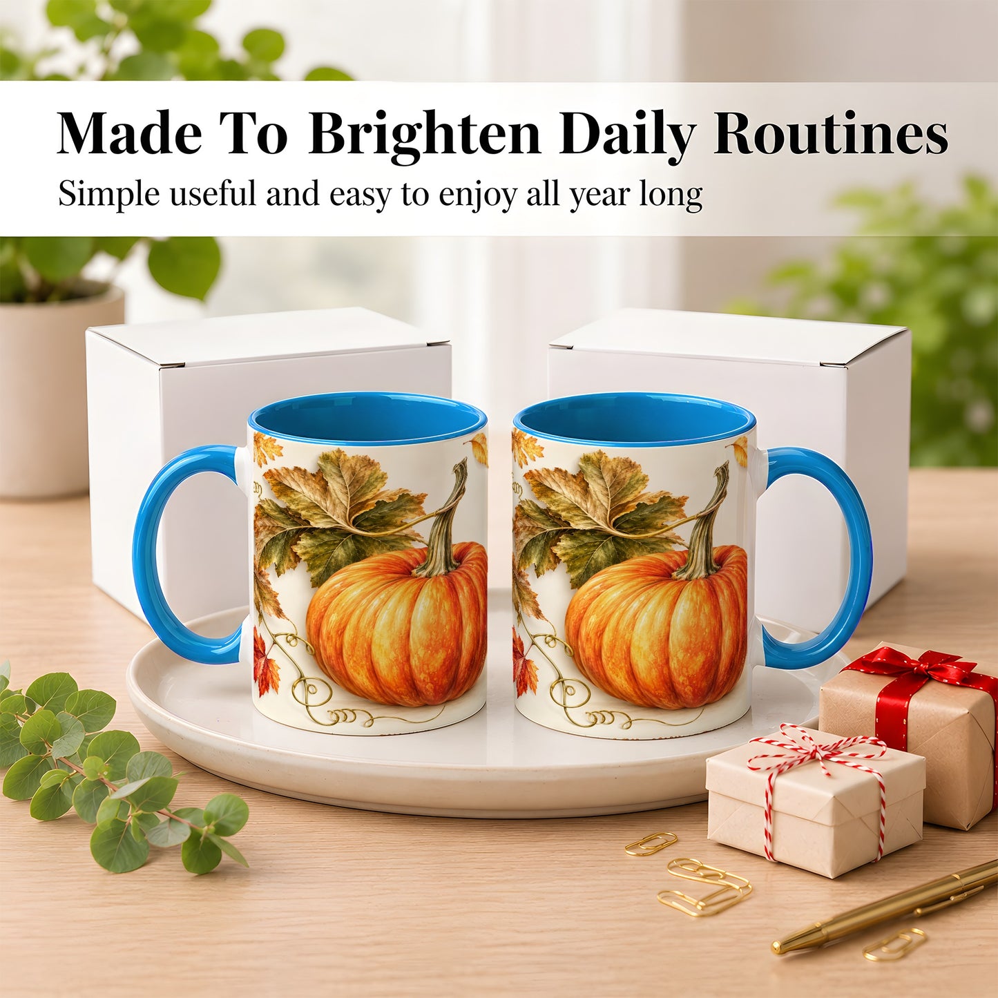 #pl[11oz|Blue] Rustic Orange Pumpkin Coffee Mug, Autumn Harvest Mug, Ceramic Cup