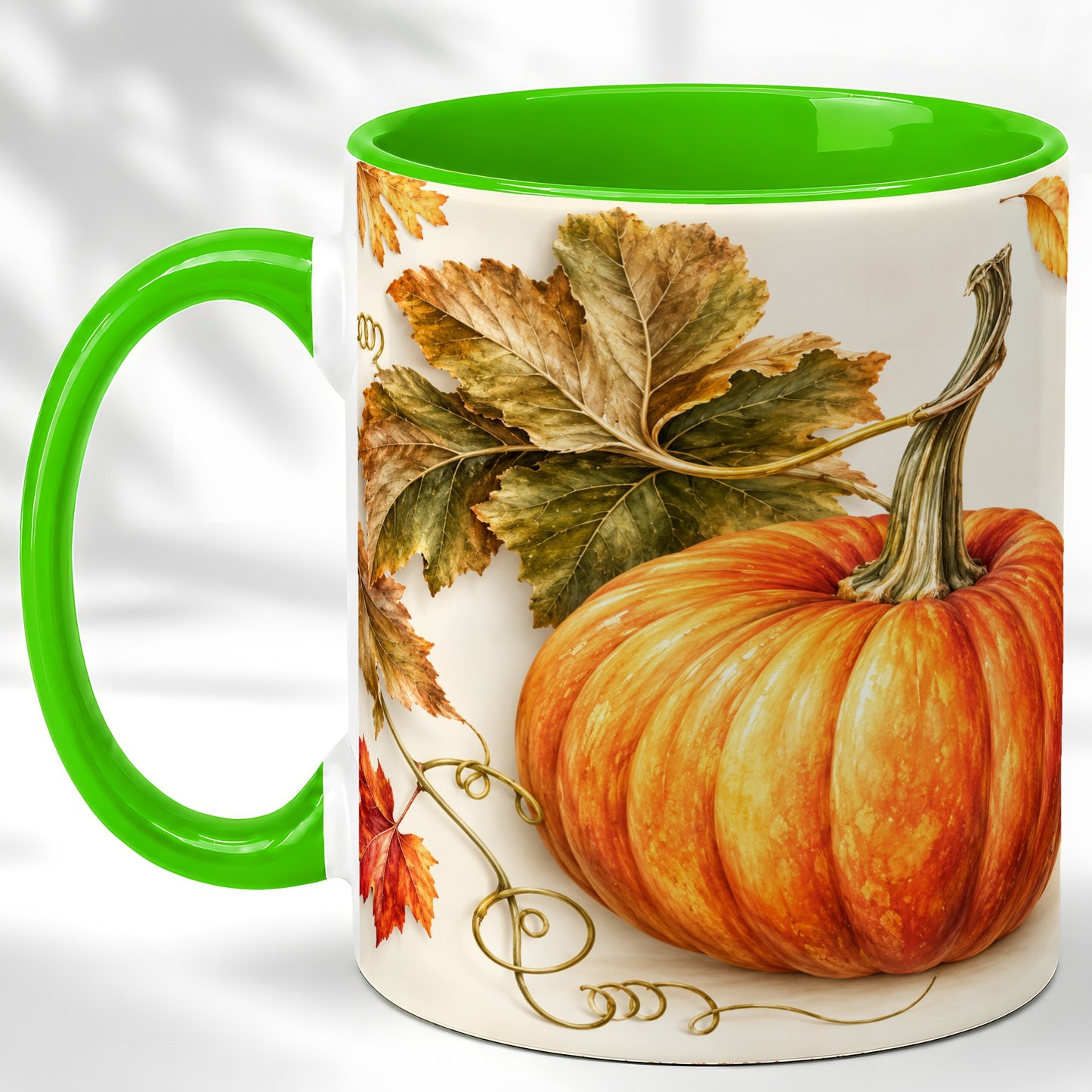 #pl[11oz|Green] Rustic Orange Pumpkin Coffee Mug, Autumn Harvest Mug, Ceramic Cup