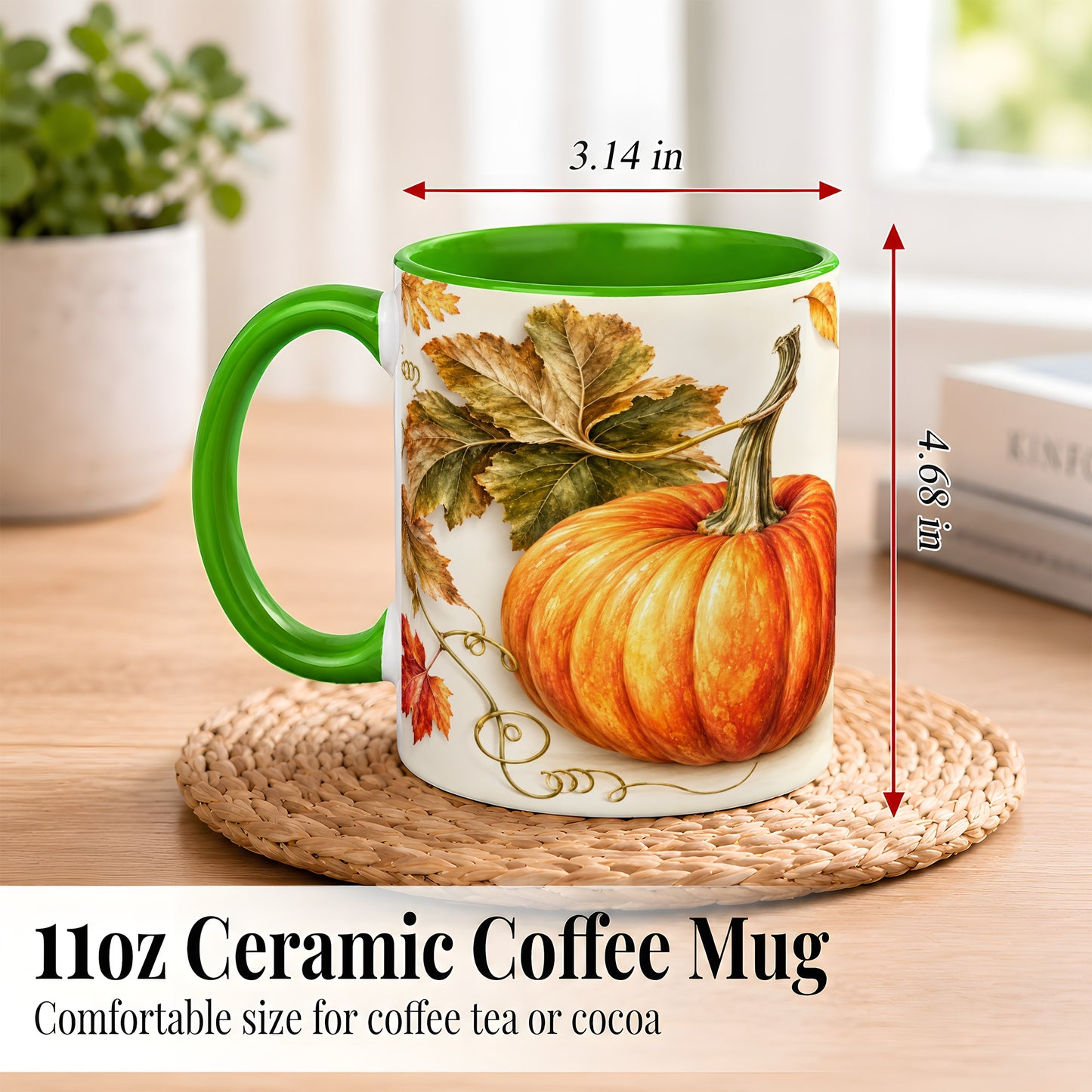 #pl[11oz|Green] Rustic Orange Pumpkin Coffee Mug, Autumn Harvest Mug, Ceramic Cup