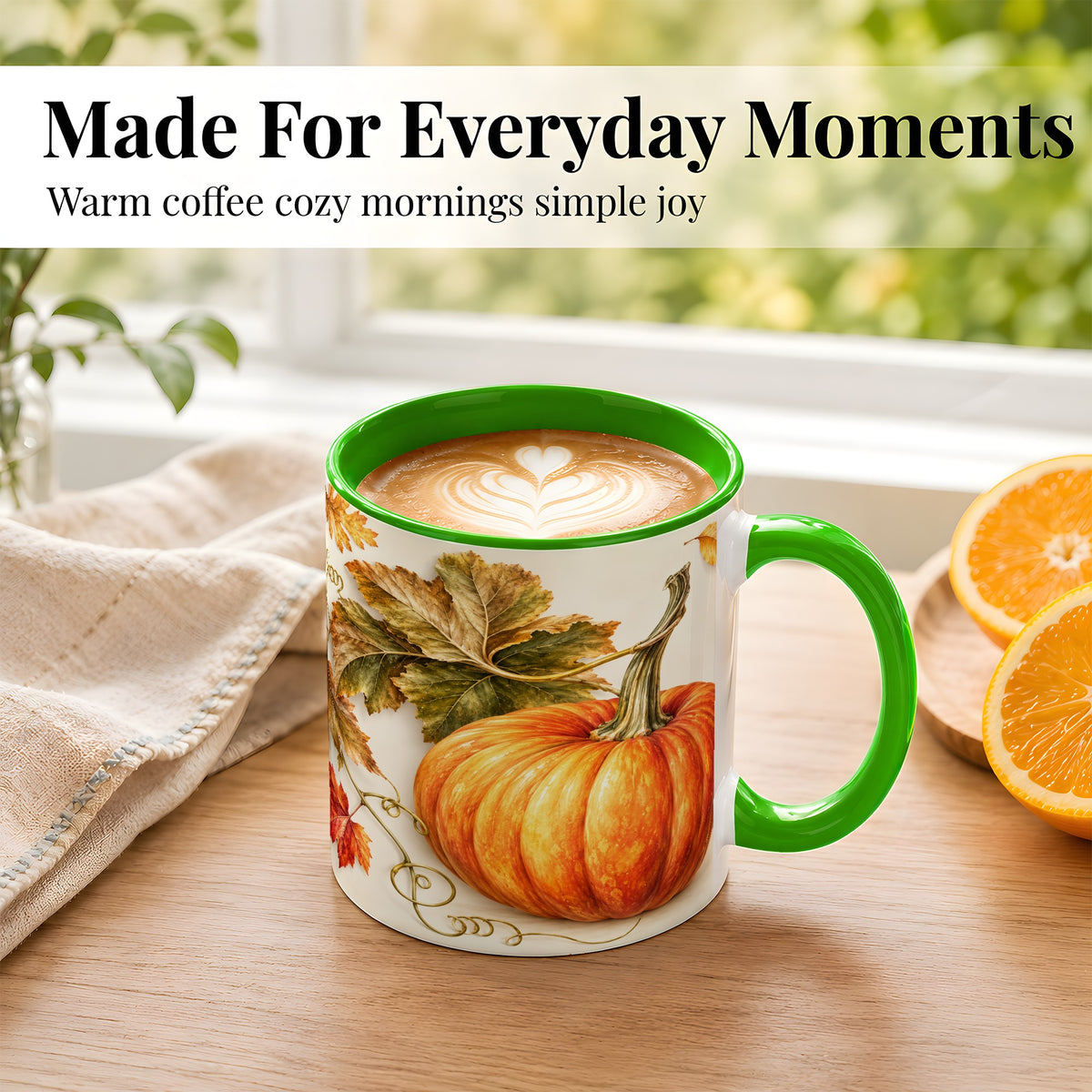 #pl[11oz|Green] Rustic Orange Pumpkin Coffee Mug, Autumn Harvest Mug, Ceramic Cup
