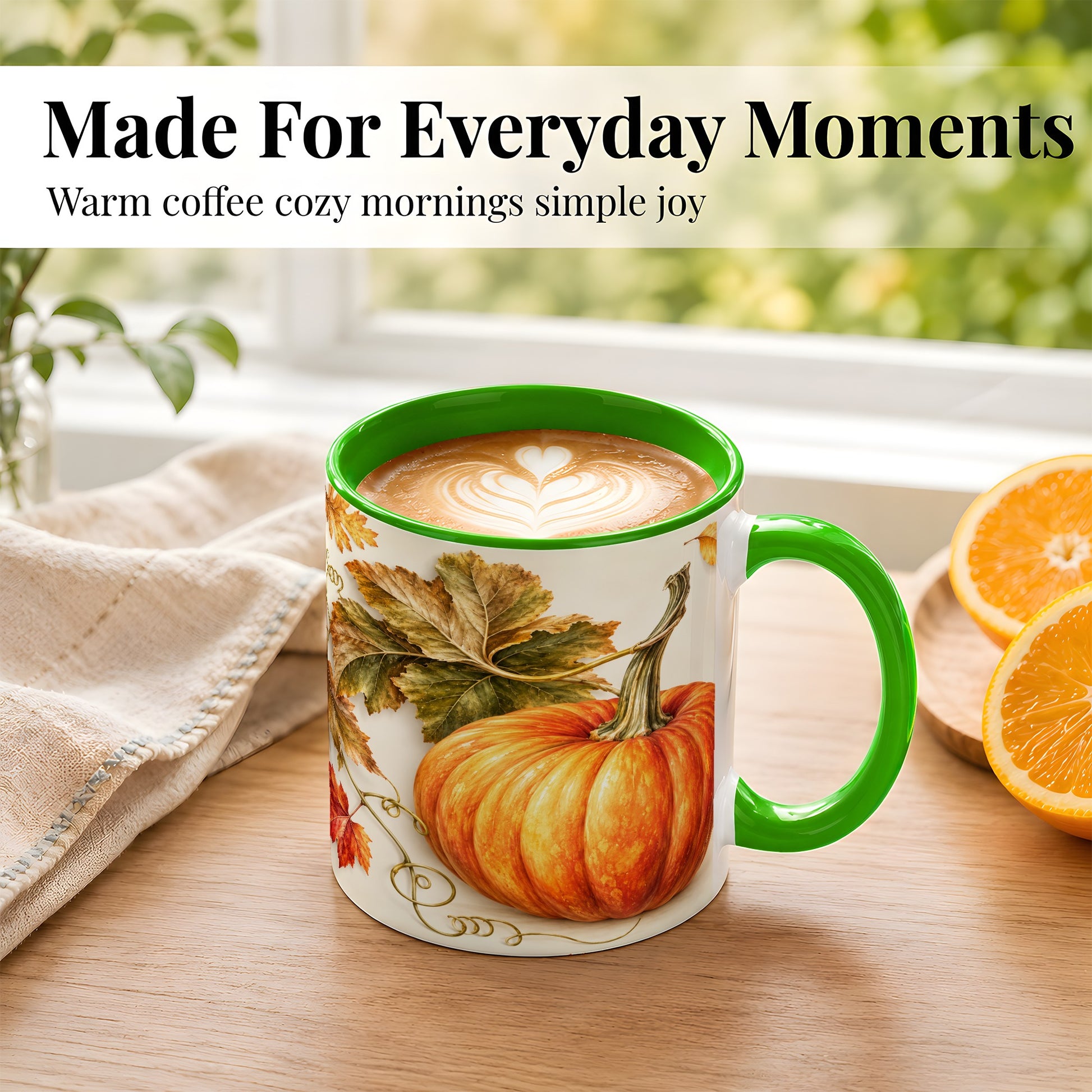 #pl[11oz|Green] Rustic Orange Pumpkin Coffee Mug, Autumn Harvest Mug, Ceramic Cup