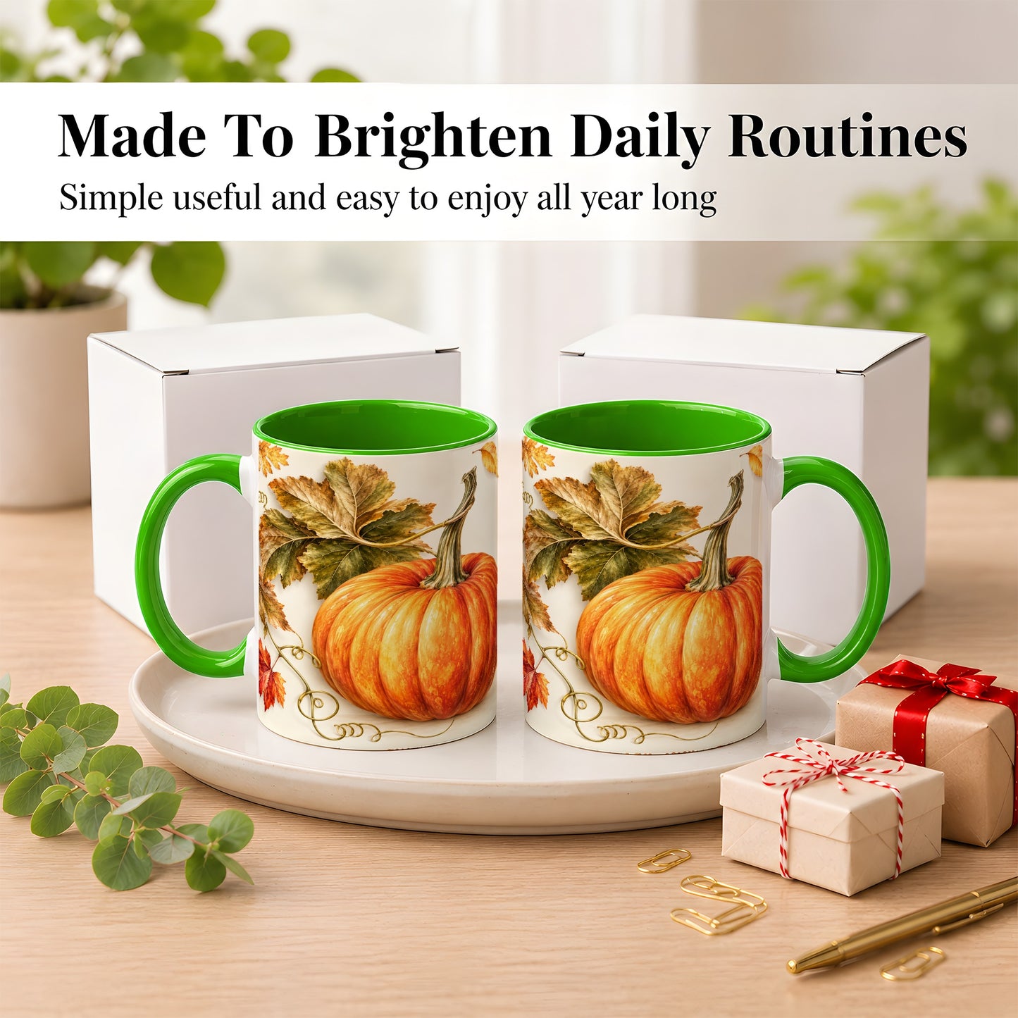 #pl[11oz|Green] Rustic Orange Pumpkin Coffee Mug, Autumn Harvest Mug, Ceramic Cup
