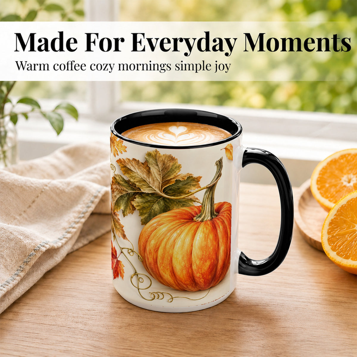 #pl[15oz|Black] Rustic Orange Pumpkin Coffee Mug, Autumn Harvest Mug, Ceramic Cup