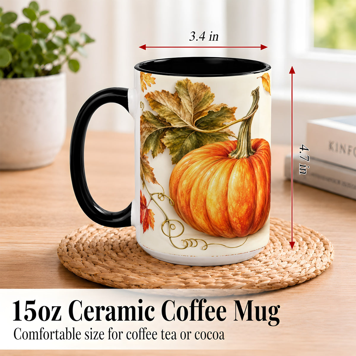 #pl[15oz|Black] Rustic Orange Pumpkin Coffee Mug, Autumn Harvest Mug, Ceramic Cup