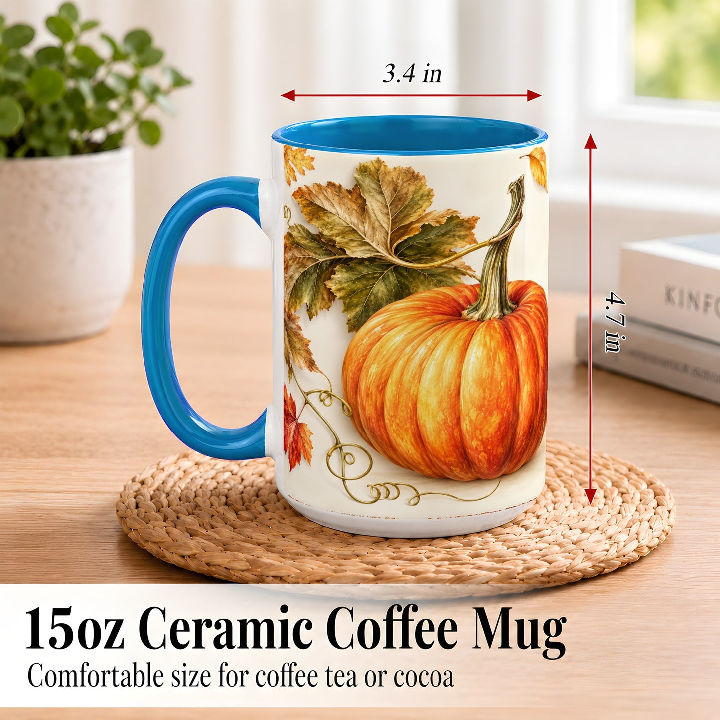 #pl[15oz|Blue] Rustic Orange Pumpkin Coffee Mug, Autumn Harvest Mug, Ceramic Cup