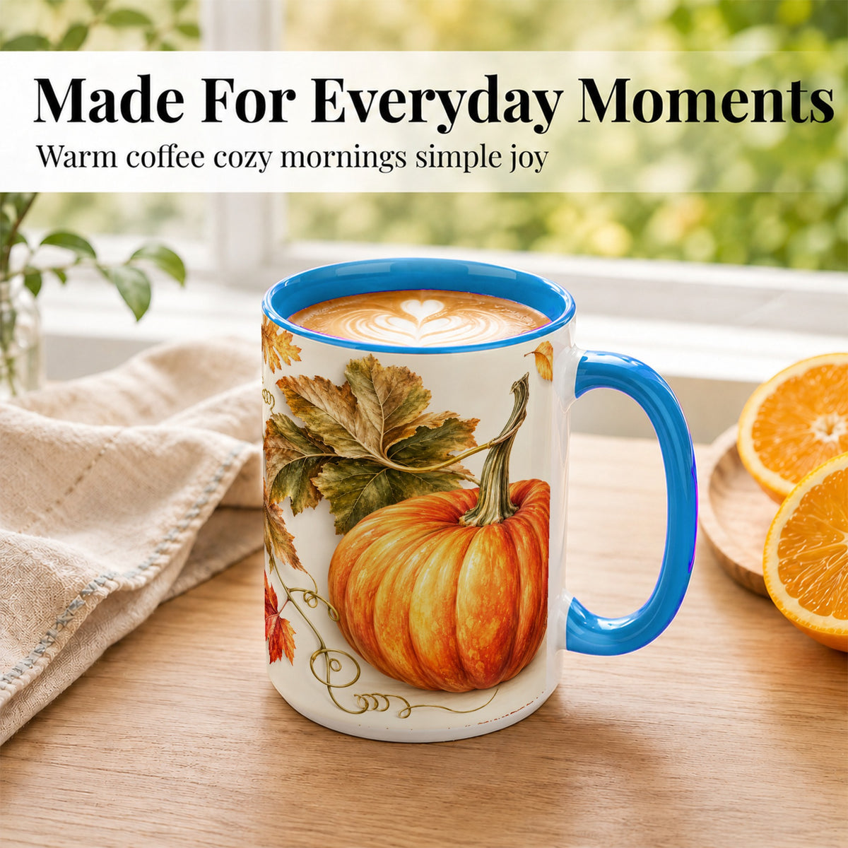 #pl[15oz|Blue] Rustic Orange Pumpkin Coffee Mug, Autumn Harvest Mug, Ceramic Cup