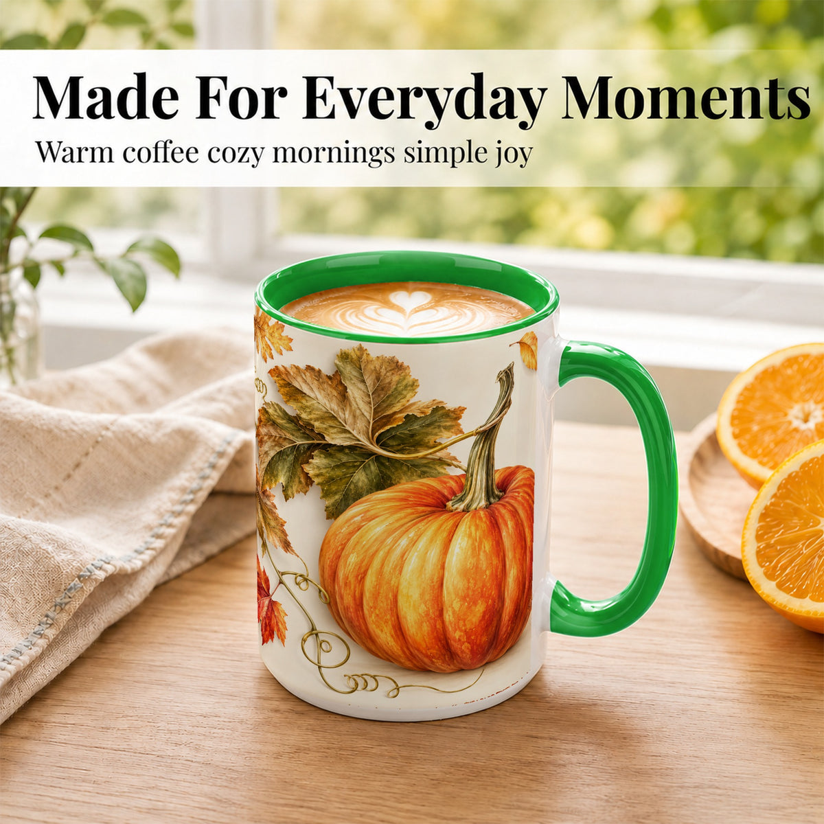 #pl[15oz|Green] Rustic Orange Pumpkin Coffee Mug, Autumn Harvest Mug, Ceramic Cup
