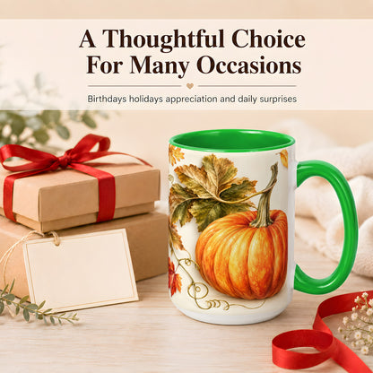 #pl[15oz|Green] Rustic Orange Pumpkin Coffee Mug, Autumn Harvest Mug, Ceramic Cup