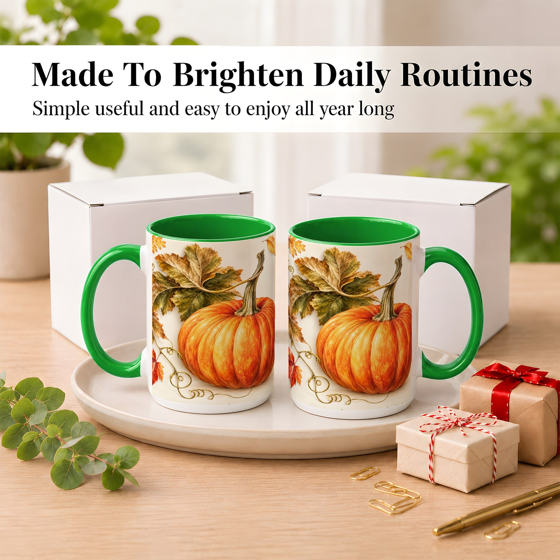#pl[15oz|Green] Rustic Orange Pumpkin Coffee Mug, Autumn Harvest Mug, Ceramic Cup