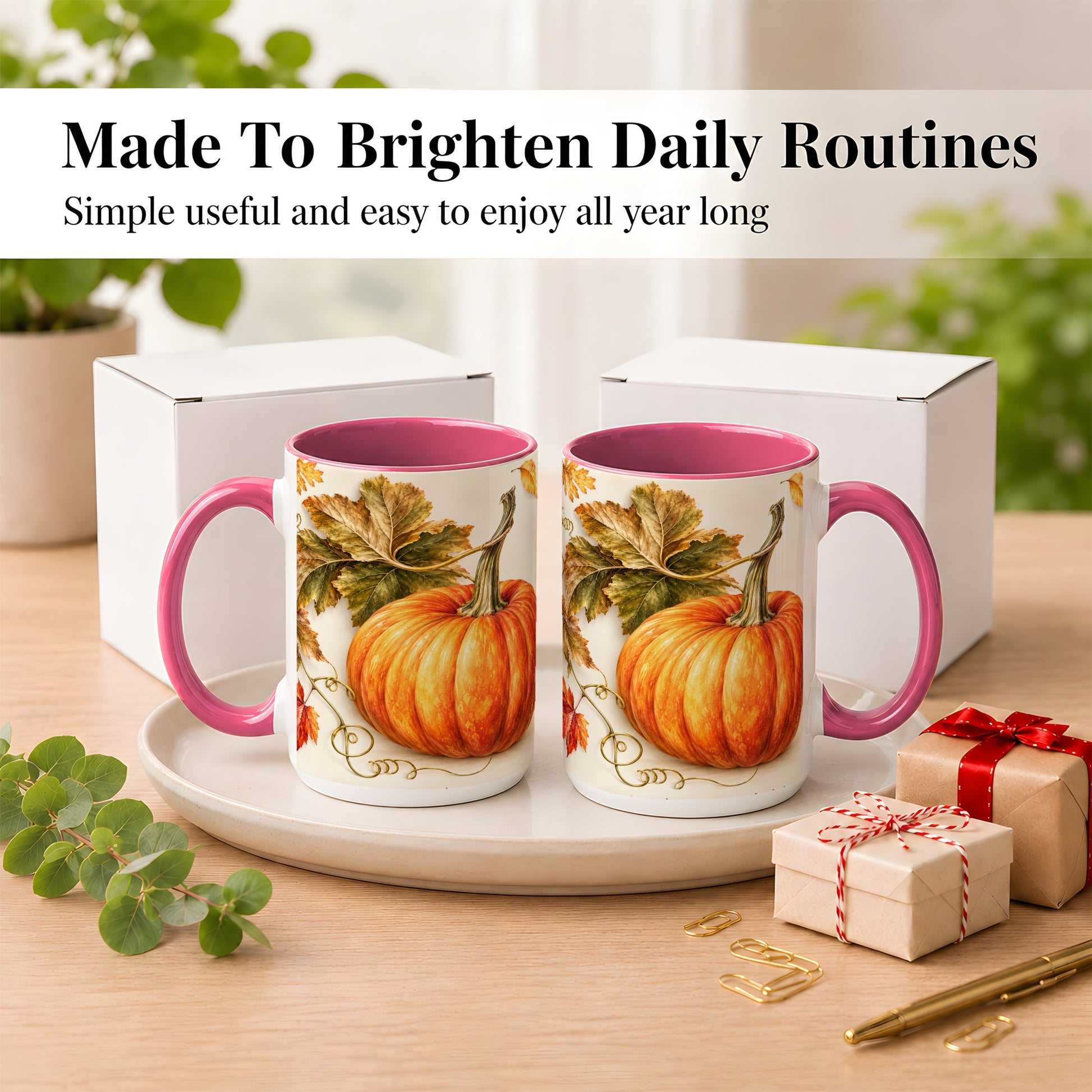 #pl[15oz|Pink] Rustic Orange Pumpkin Coffee Mug, Autumn Harvest Mug, Ceramic Cup