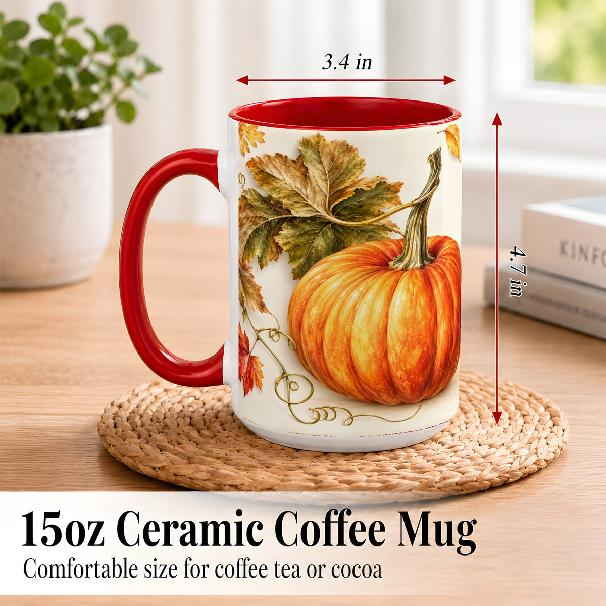 #pl[15oz|Red] Rustic Orange Pumpkin Coffee Mug, Autumn Harvest Mug, Ceramic Cup
