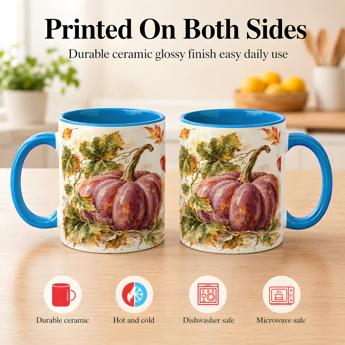 #pl[11oz|Blue] Purple Watercolor Pumpkin Coffee Mug, Autumn Harvest Mug, Ceramic Cup