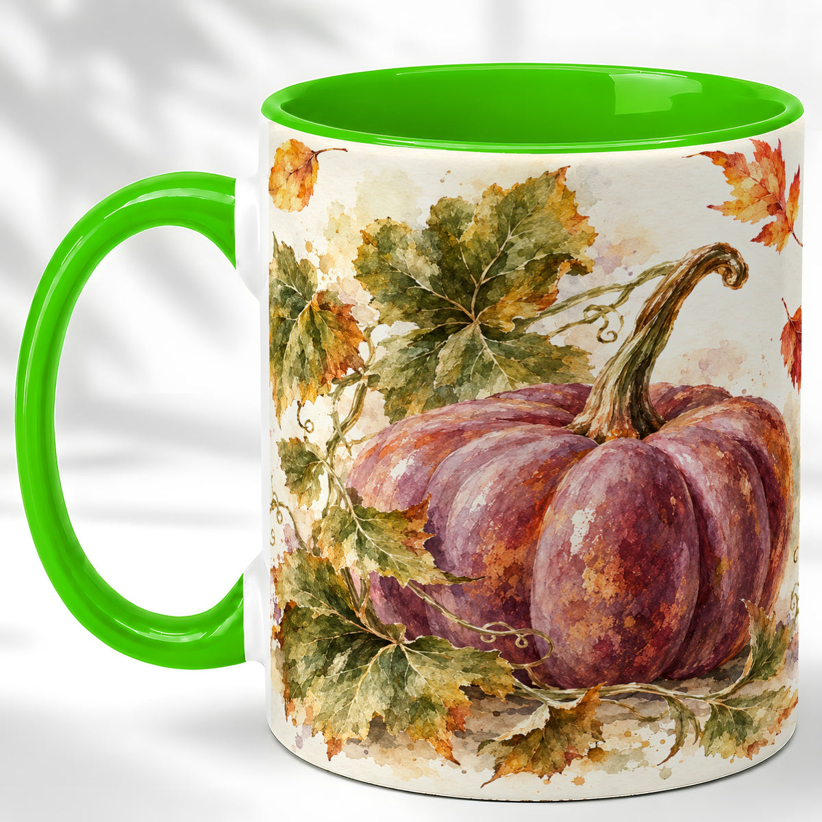 #pl[11oz|Green] Purple Watercolor Pumpkin Coffee Mug, Autumn Harvest Mug, Ceramic Cup
