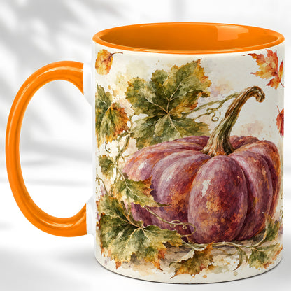 #pl[11oz|Orange] Purple Watercolor Pumpkin Coffee Mug, Autumn Harvest Mug, Ceramic Cup