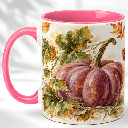 #pl[11oz|Pink] Purple Watercolor Pumpkin Coffee Mug, Autumn Harvest Mug, Ceramic Cup