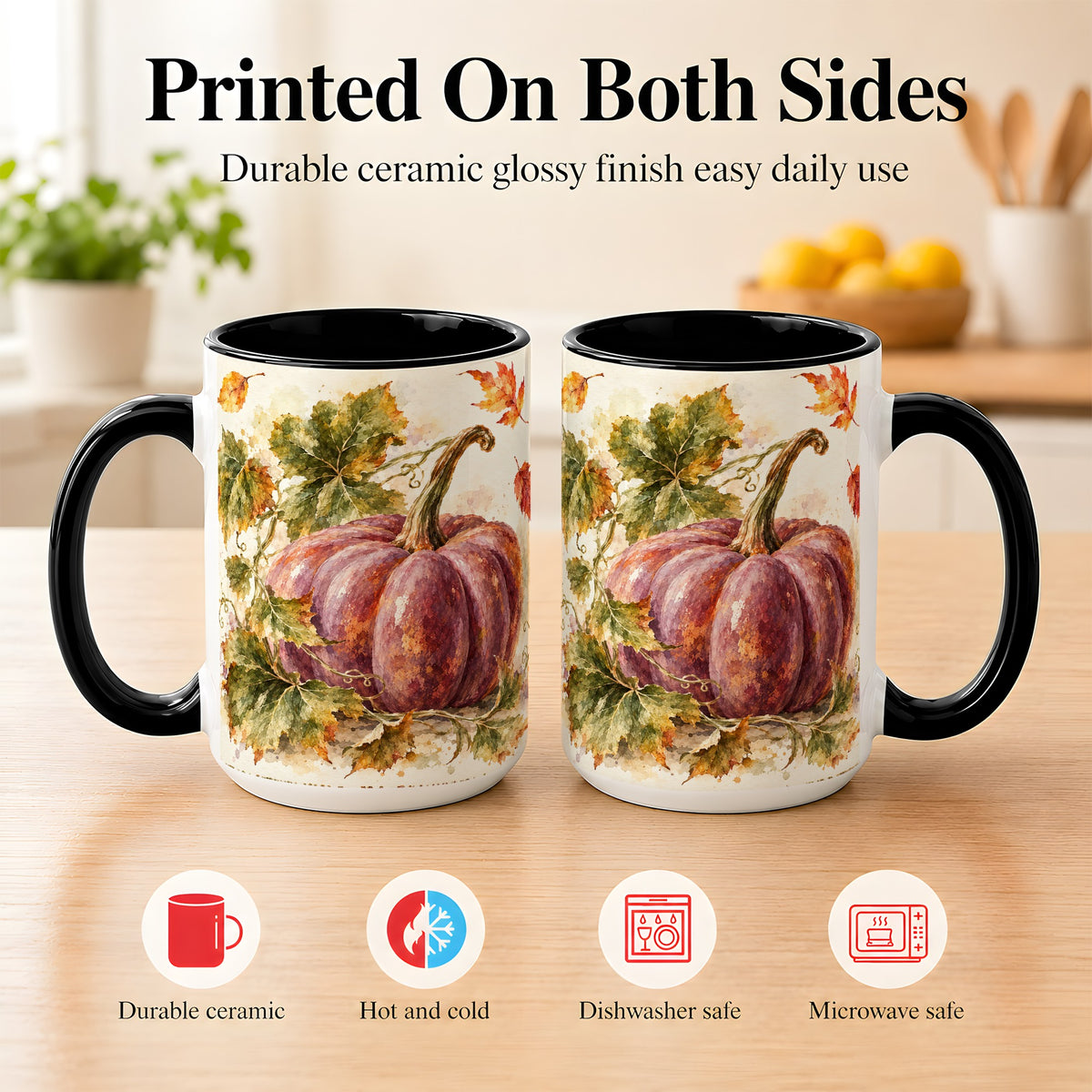 #pl[15oz|Black] Purple Watercolor Pumpkin Coffee Mug, Autumn Harvest Mug, Ceramic Cup