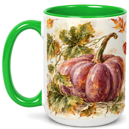 #pl[15oz|Green] Purple Watercolor Pumpkin Coffee Mug, Autumn Harvest Mug, Ceramic Cup