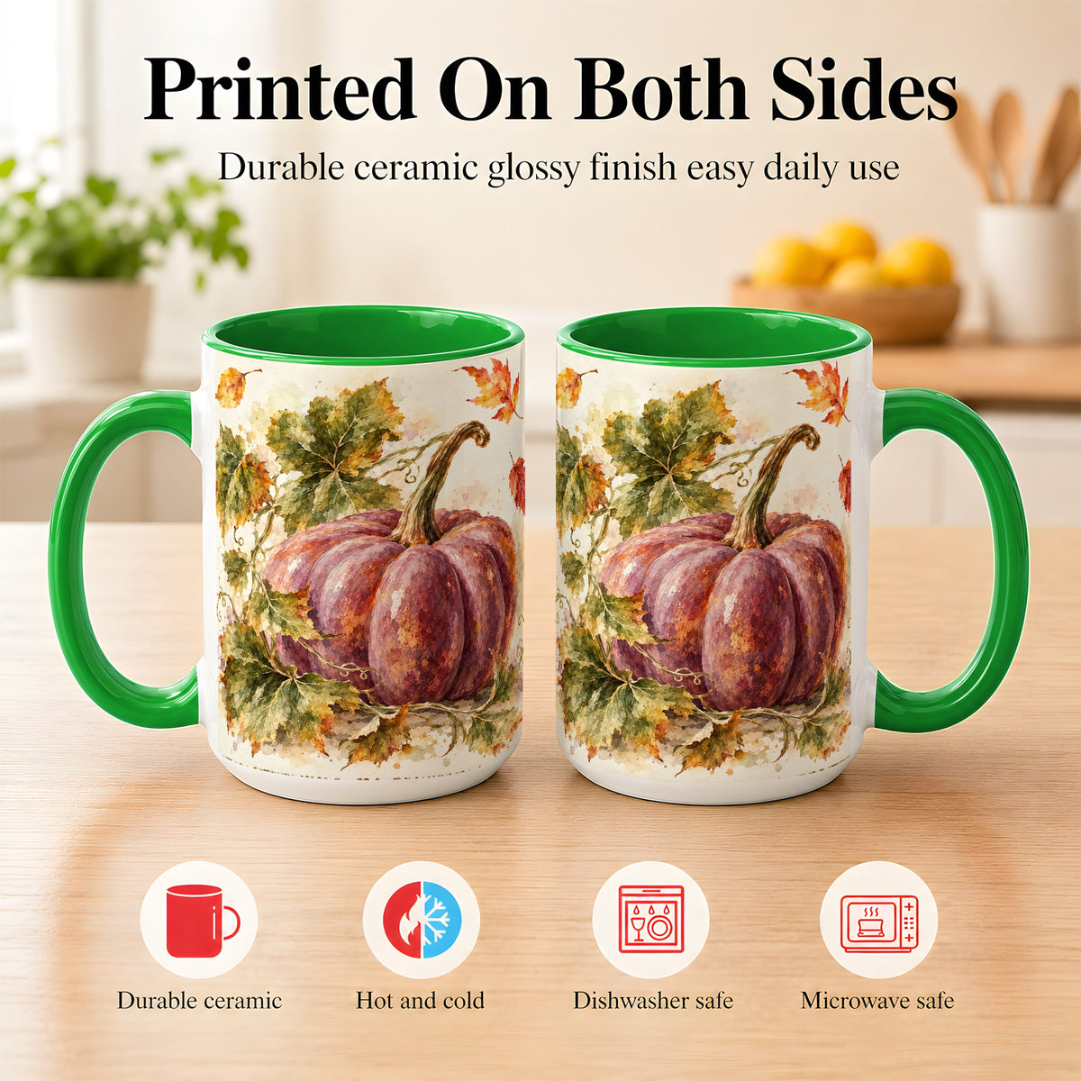 #pl[15oz|Green] Purple Watercolor Pumpkin Coffee Mug, Autumn Harvest Mug, Ceramic Cup