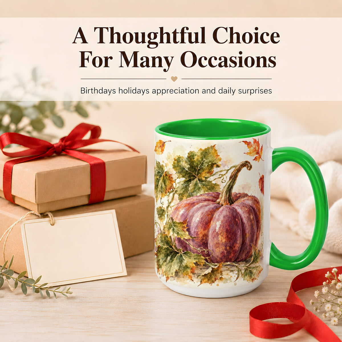 #pl[15oz|Green] Purple Watercolor Pumpkin Coffee Mug, Autumn Harvest Mug, Ceramic Cup