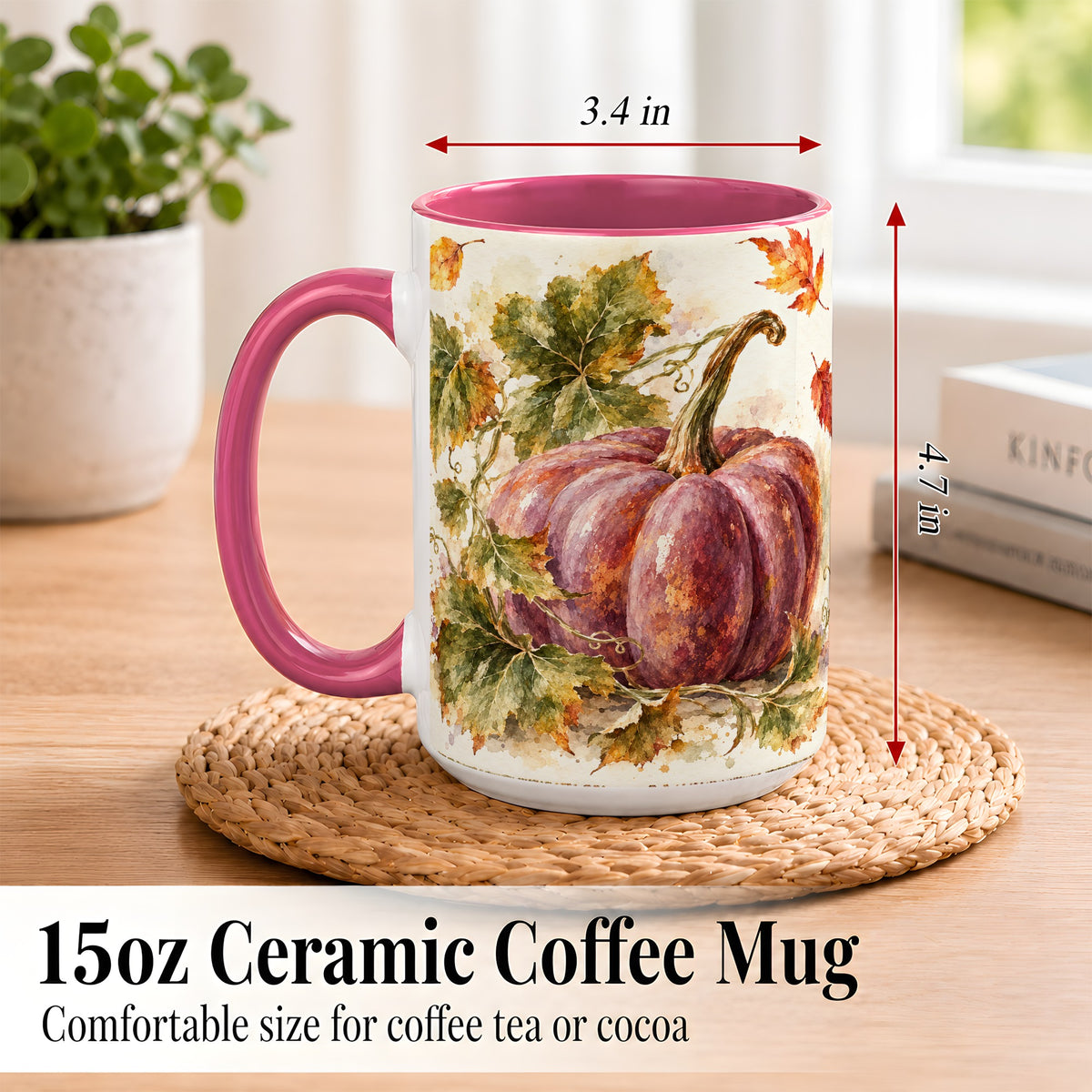 #pl[15oz|Pink] Purple Watercolor Pumpkin Coffee Mug, Autumn Harvest Mug, Ceramic Cup