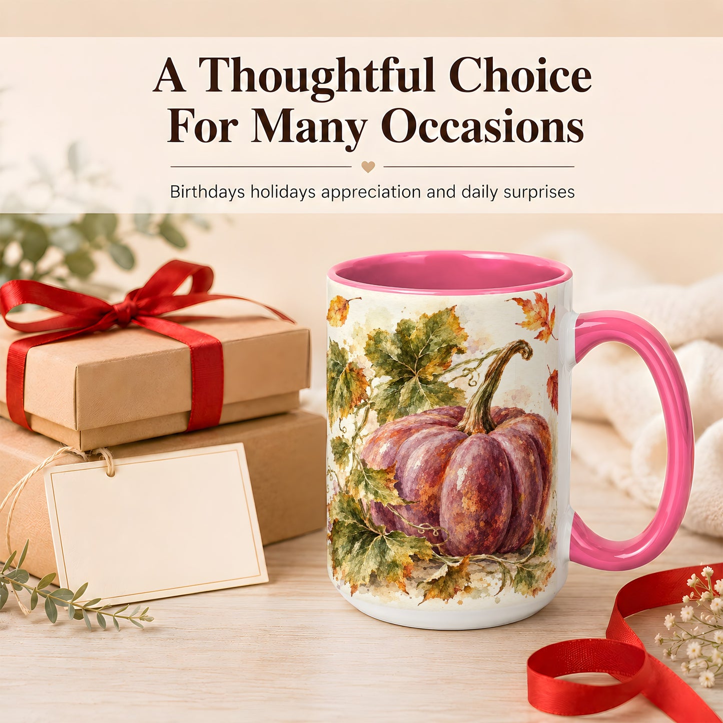 #pl[15oz|Pink] Purple Watercolor Pumpkin Coffee Mug, Autumn Harvest Mug, Ceramic Cup
