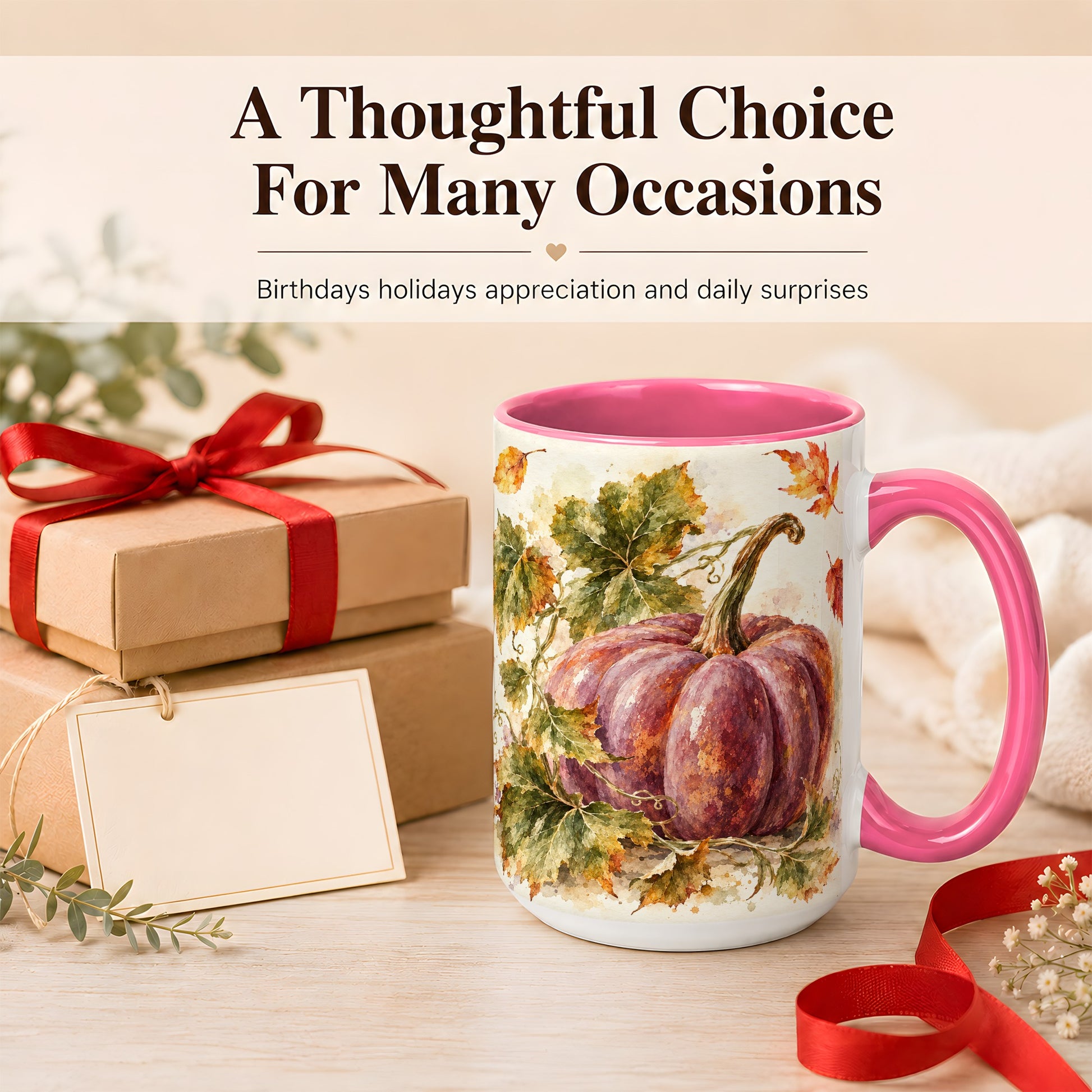 #pl[15oz|Pink] Purple Watercolor Pumpkin Coffee Mug, Autumn Harvest Mug, Ceramic Cup