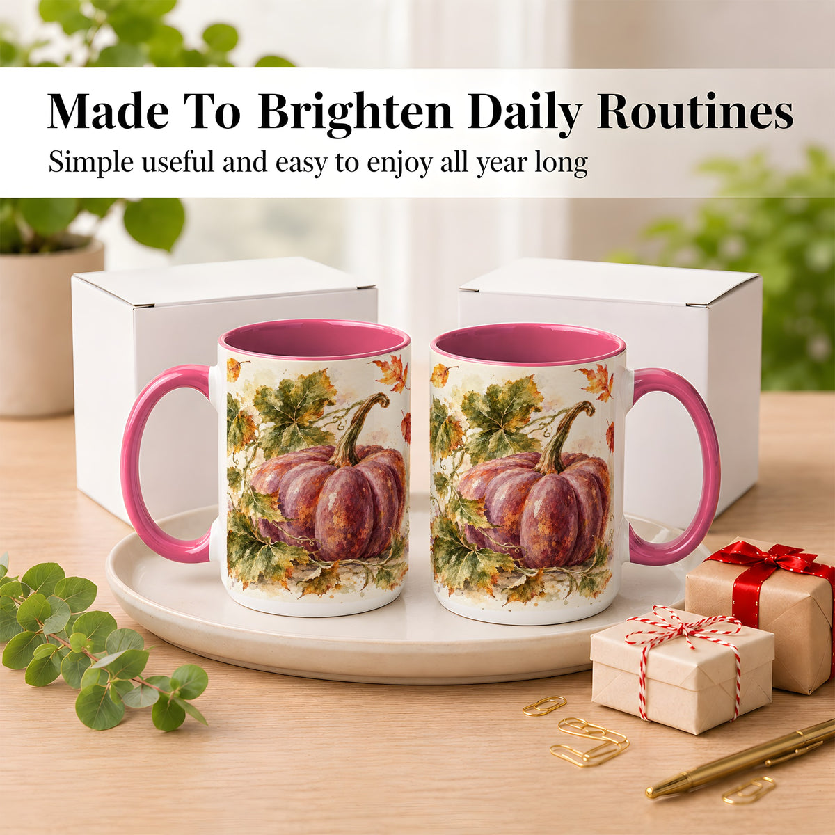 #pl[15oz|Pink] Purple Watercolor Pumpkin Coffee Mug, Autumn Harvest Mug, Ceramic Cup